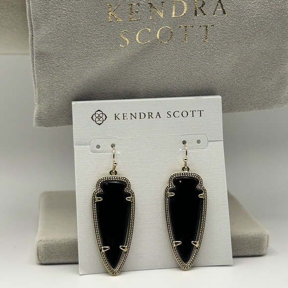 Kendra Scott Skylar Earrings 2" Dangle Drop Black & Gold Tone Pouch - Picture 11 of 12